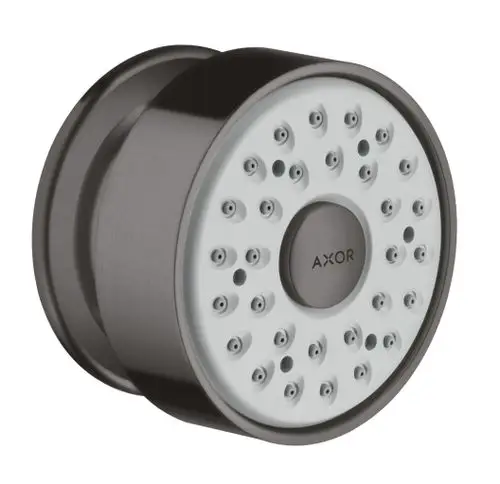 Runde Brause in gebürstetem schwarzem Chrom mit mehreren Wasserstrahldüsen. Produkt von Hansgrohe, geeignet für die Wandmontage in Duschbereichen.